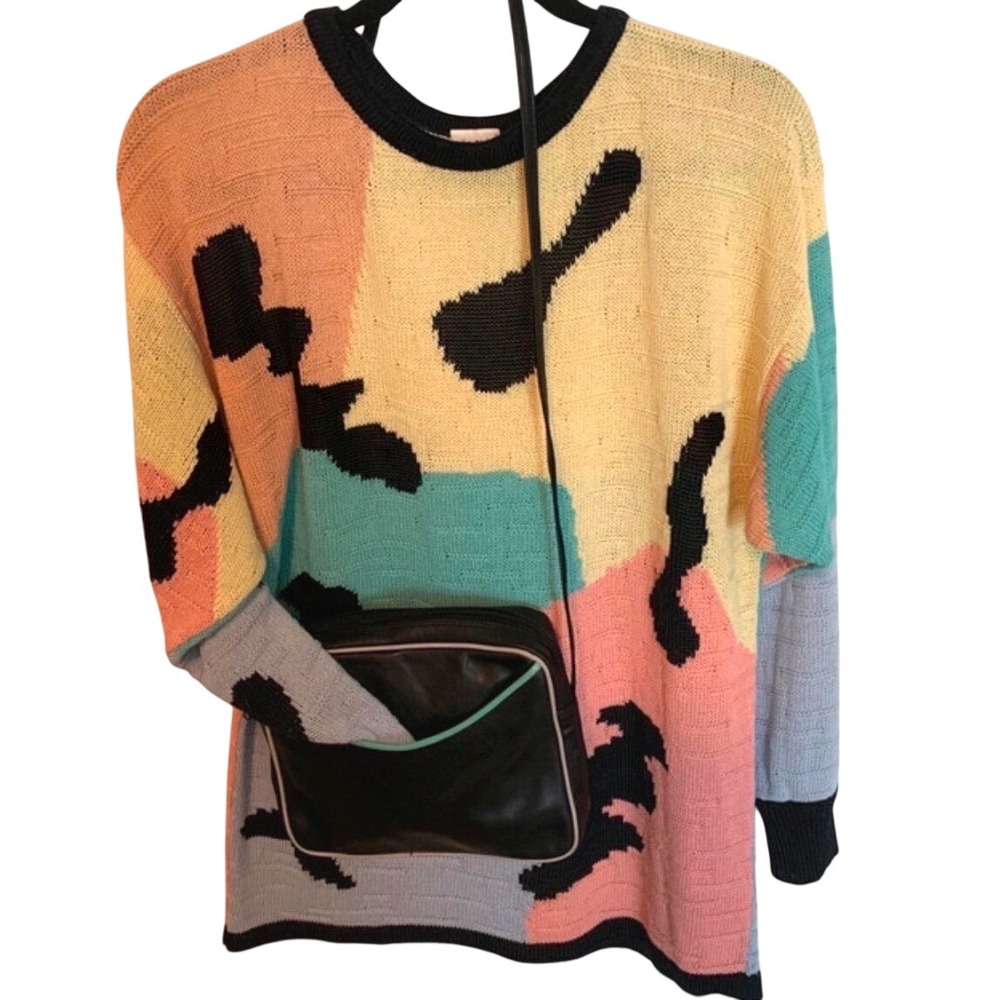 Vintage Mondi Abstract Colorblock Sweater & Leather Crossbody Bag Set M Art 90s